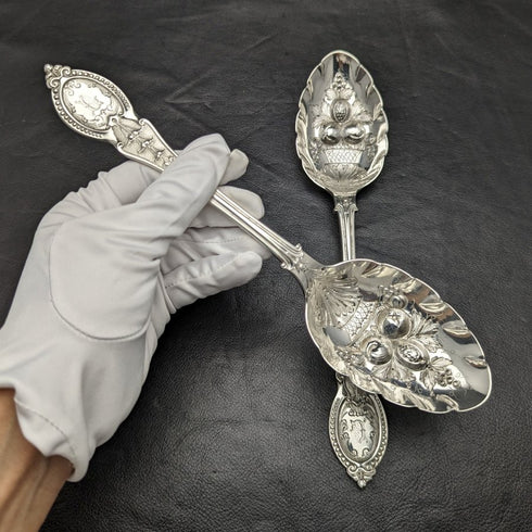 British Antique Silver Plate Berry Serving Spoon Pair